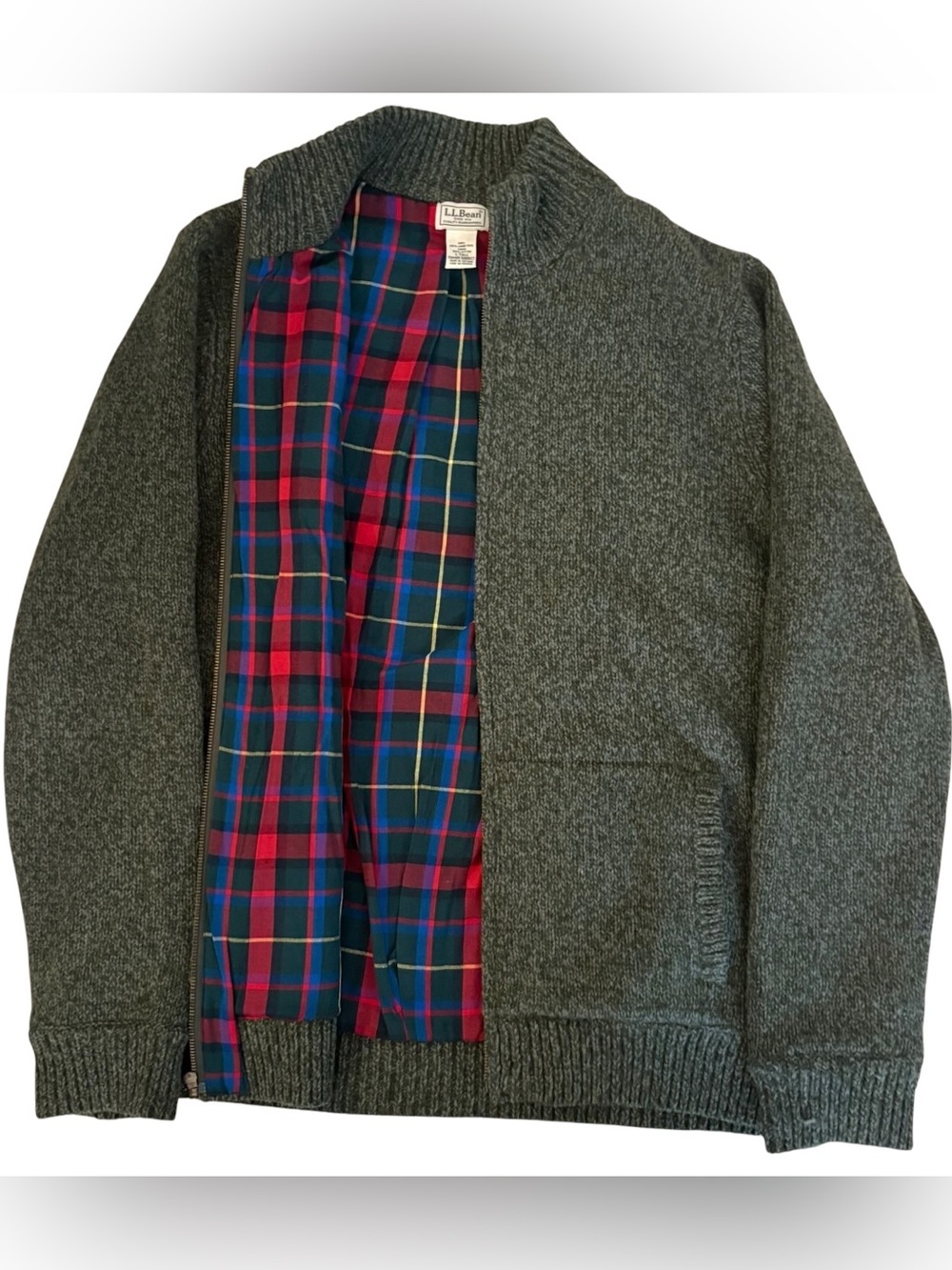 EUC L.L.Bean XL Tall Wool Blend Shawl Cardigan Sweater Plaid Lined Heavy Knit